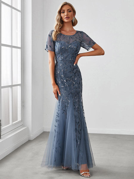 Women's Dusty Blue Floral Sequin Mermaid Tulle Evening Gown