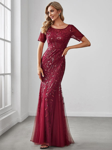 Women's Dusty Blue Floral Sequin Mermaid Tulle Evening Gown