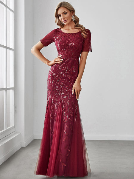 Women's Dusty Blue Floral Sequin Mermaid Tulle Evening Gown