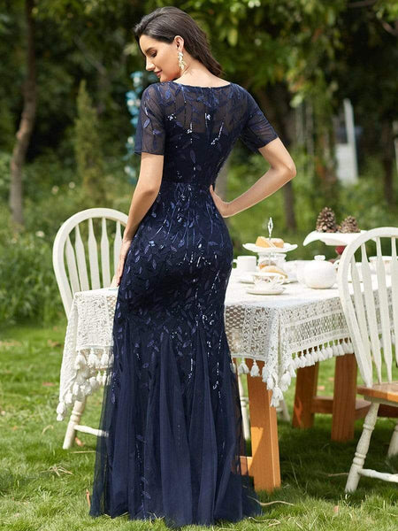Women's Dusty Blue Floral Sequin Mermaid Tulle Evening Gown