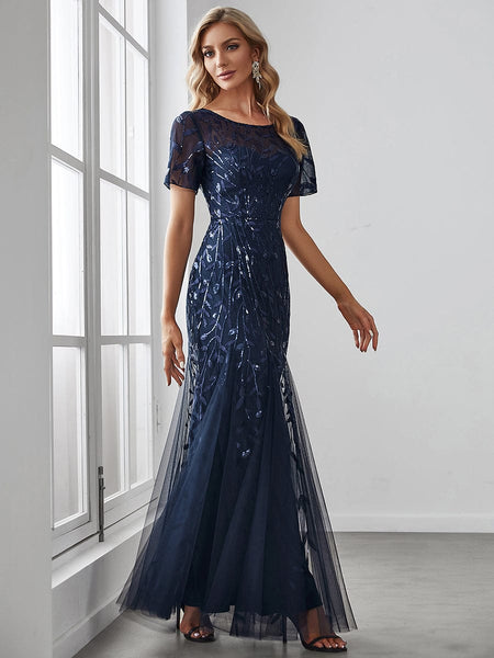 Women's Dusty Blue Floral Sequin Mermaid Tulle Evening Gown