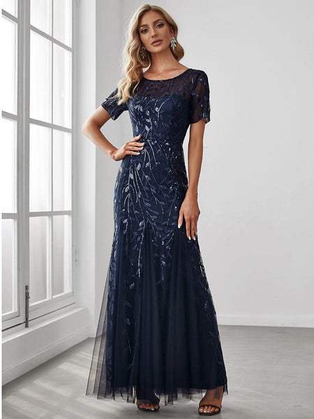 Women's Dusty Blue Floral Sequin Mermaid Tulle Evening Gown