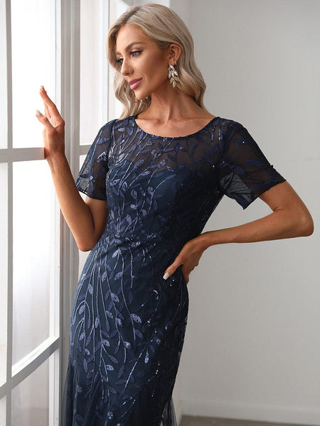 Women's Dusty Blue Floral Sequin Mermaid Tulle Evening Gown