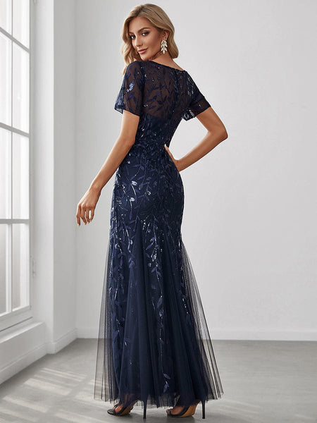 Women's Dusty Blue Floral Sequin Mermaid Tulle Evening Gown