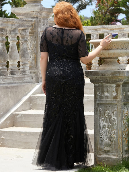 Women's Dusty Blue Floral Sequin Mermaid Tulle Evening Gown