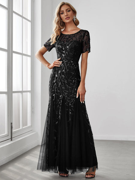 Women's Dusty Blue Floral Sequin Mermaid Tulle Evening Gown