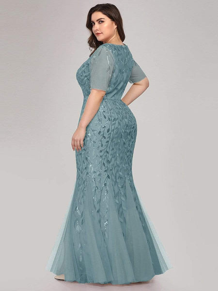 Women's Dusty Blue Floral Sequin Mermaid Tulle Evening Gown