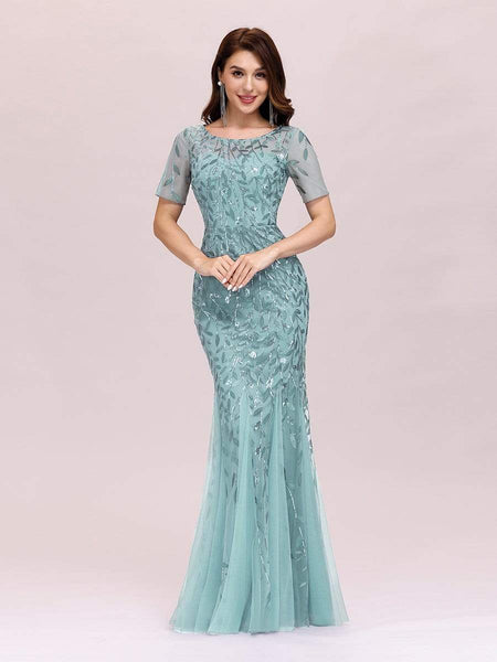 Women's Dusty Blue Floral Sequin Mermaid Tulle Evening Gown