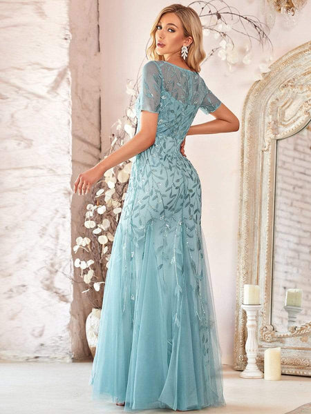 Women's Dusty Blue Floral Sequin Mermaid Tulle Evening Gown