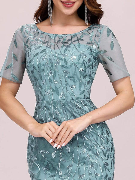 Women's Dusty Blue Floral Sequin Mermaid Tulle Evening Gown
