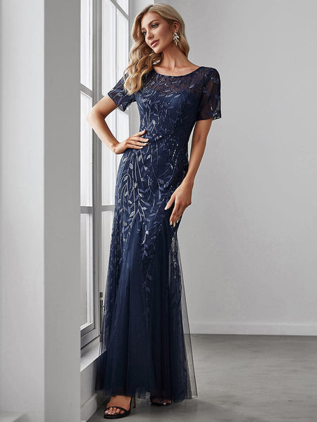 Women's Dusty Blue Floral Sequin Mermaid Tulle Evening Gown