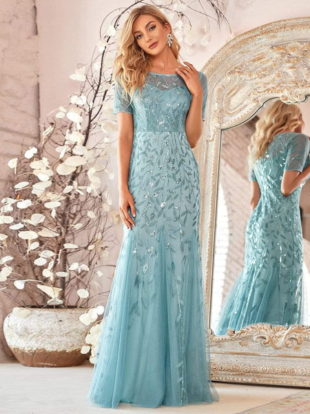 Women's Dusty Blue Floral Sequin Mermaid Tulle Evening Gown