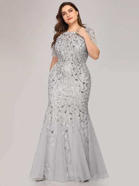 Women's Dusty Blue Floral Sequin Mermaid Tulle Evening Gown