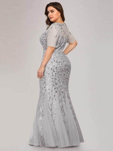 Women's Dusty Blue Floral Sequin Mermaid Tulle Evening Gown