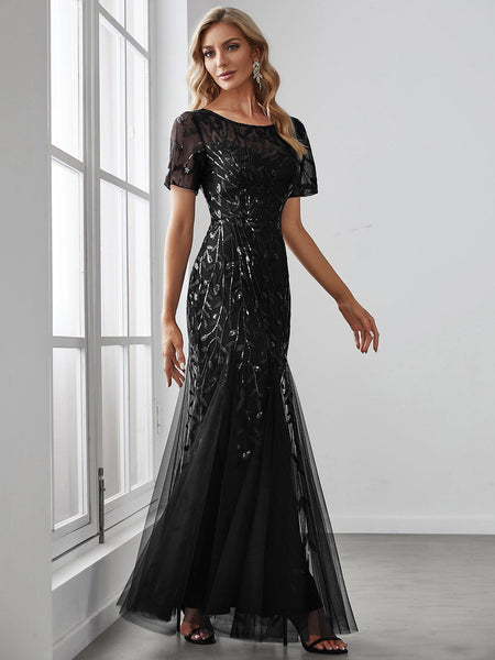 Women's Dusty Blue Floral Sequin Mermaid Tulle Evening Gown