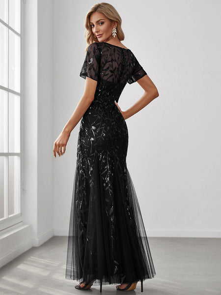 Women's Dusty Blue Floral Sequin Mermaid Tulle Evening Gown