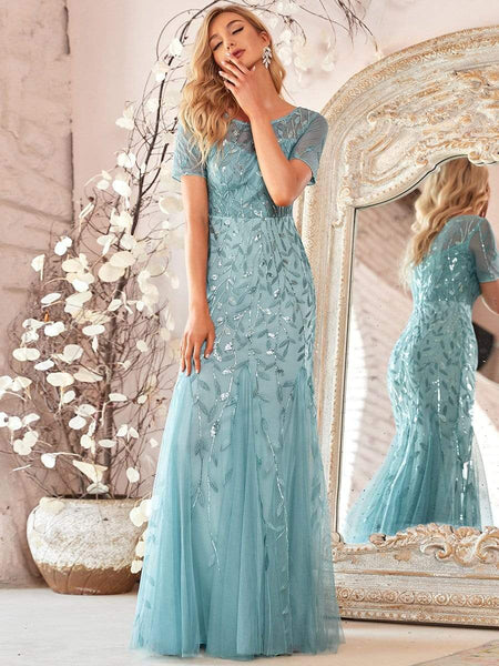 Women's Dusty Blue Floral Sequin Mermaid Tulle Evening Gown