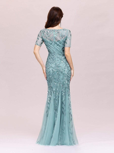Women's Dusty Blue Floral Sequin Mermaid Tulle Evening Gown