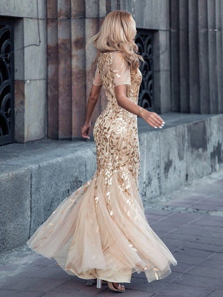 Women's Dusty Blue Floral Sequin Mermaid Tulle Evening Gown