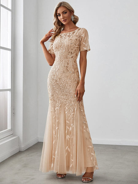 Women's Dusty Blue Floral Sequin Mermaid Tulle Evening Gown
