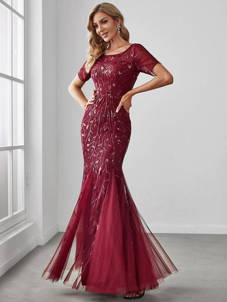 Women's Dusty Blue Floral Sequin Mermaid Tulle Evening Gown