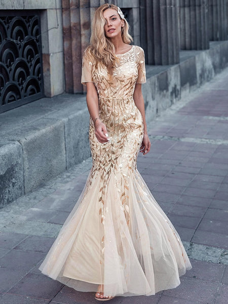 Women's Dusty Blue Floral Sequin Mermaid Tulle Evening Gown