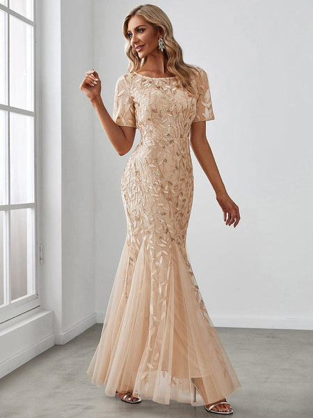 Women's Dusty Blue Floral Sequin Mermaid Tulle Evening Gown