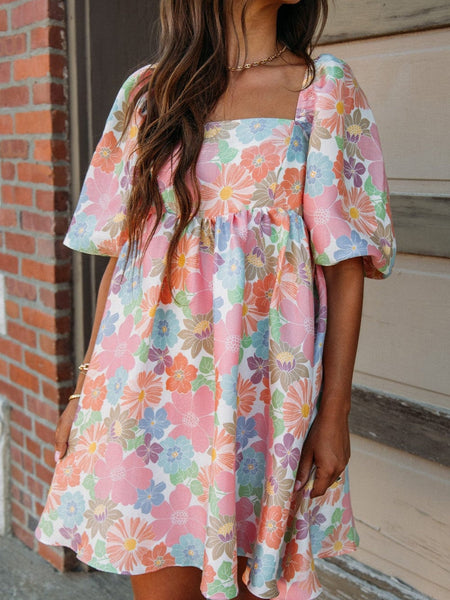 Floral Square Neck Puff Sleeve Pink Babydoll Mini Dress