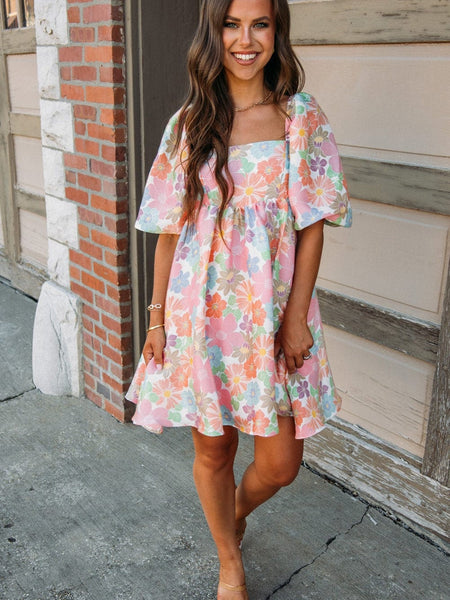 Floral Square Neck Puff Sleeve Pink Babydoll Mini Dress