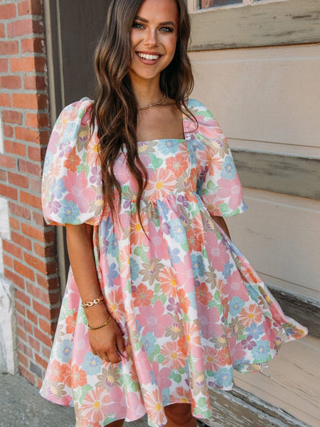 Floral Square Neck Puff Sleeve Pink Babydoll Mini Dress