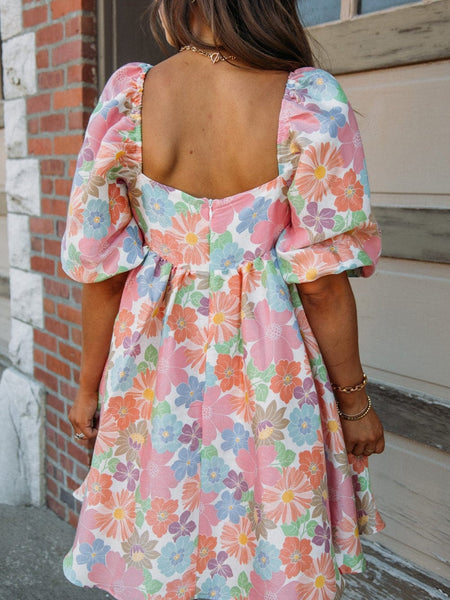 Floral Square Neck Puff Sleeve Pink Babydoll Mini Dress