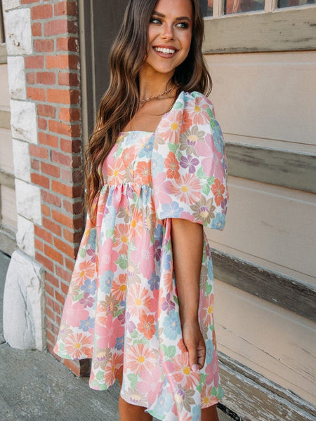 Floral Square Neck Puff Sleeve Pink Babydoll Mini Dress