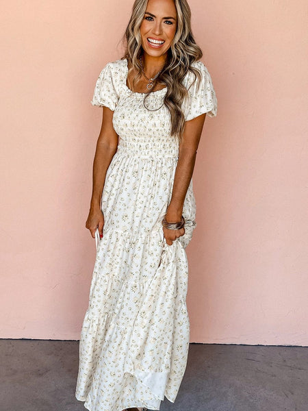 Women's Floral Tiered White Maxi Dress with Shirred Bodice
