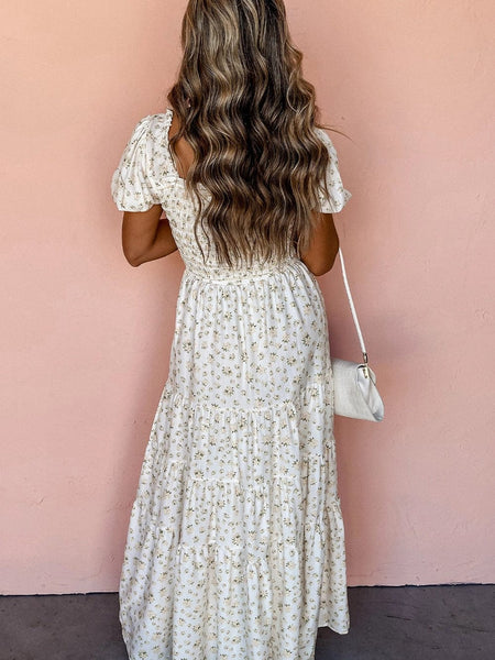 Women's Floral Tiered White Maxi Dress with Shirred Bodice
