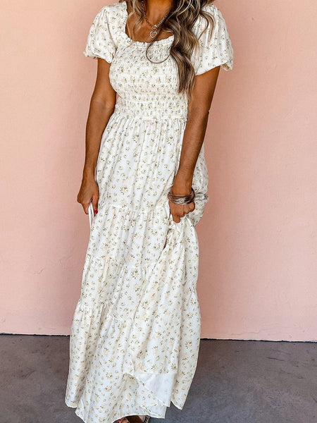 Women's Floral Tiered White Maxi Dress with Shirred Bodice