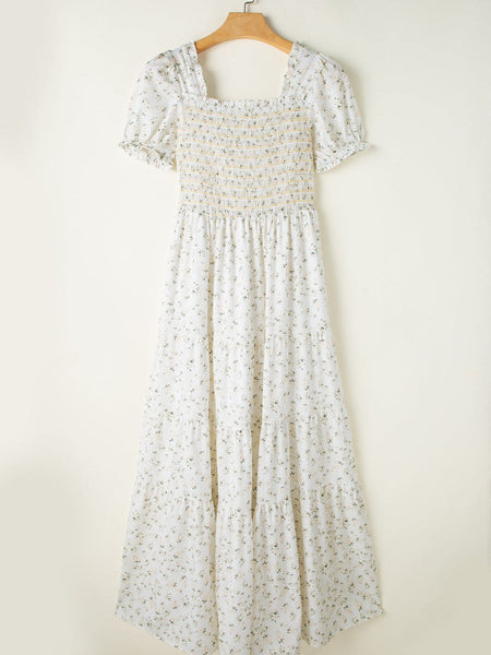 Women's Floral Tiered White Maxi Dress with Shirred Bodice