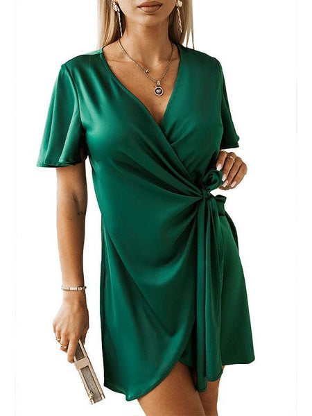 Women's Polka Dot V-Neck Wrap Mini Dress with Tie Waist