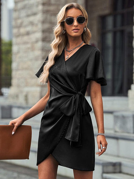 Women's Polka Dot V-Neck Wrap Mini Dress with Tie Waist