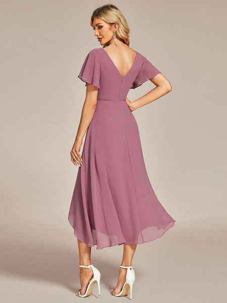 Flowy Chiffon High Low Evening Gown with Ruffle Details