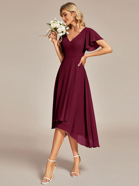 Flowy Chiffon High Low Evening Gown with Ruffle Details