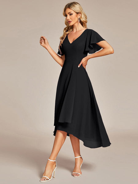 Flowy Chiffon High Low Evening Gown with Ruffle Details
