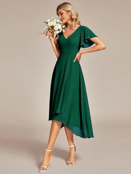 Flowy Chiffon High Low Evening Gown with Ruffle Details