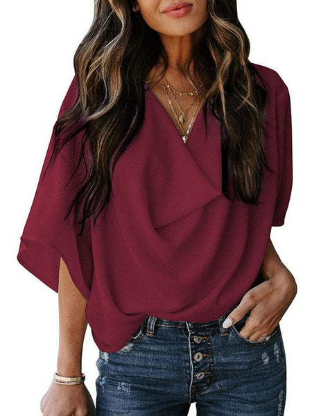 Solid V-Neck Flared Sleeve T-Shirt - Cape - Batwing - Scoop - Jewel - Closed