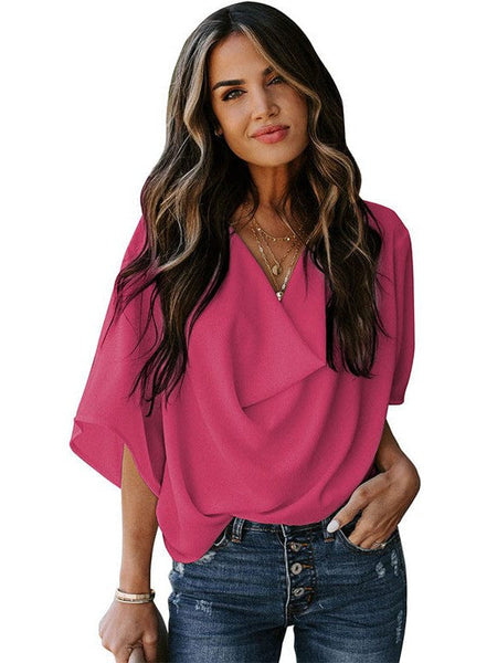 Solid V-Neck Flared Sleeve T-Shirt - Cape - Batwing - Scoop - Jewel - Closed