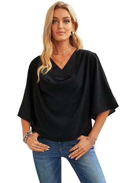 Solid V-Neck Flared Sleeve T-Shirt - Cape - Batwing - Scoop - Jewel - Closed