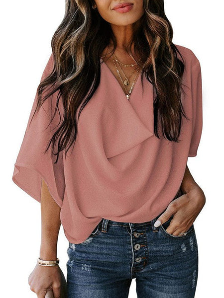 Solid V-Neck Flared Sleeve T-Shirt - Cape - Batwing - Scoop - Jewel - Closed