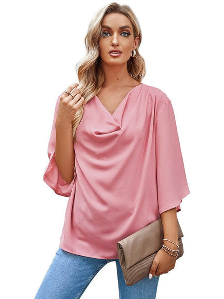 Solid V-Neck Flared Sleeve T-Shirt - Cape - Batwing - Scoop - Jewel - Closed