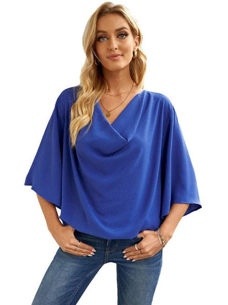 Solid V-Neck Flared Sleeve T-Shirt - Cape - Batwing - Scoop - Jewel - Closed