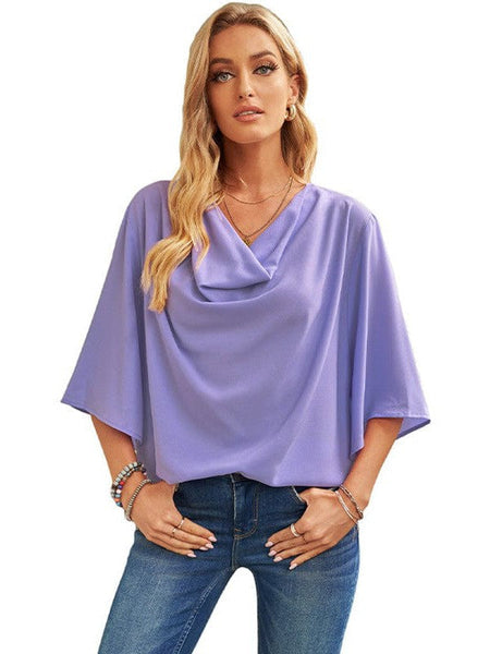 Solid V-Neck Flared Sleeve T-Shirt - Cape - Batwing - Scoop - Jewel - Closed