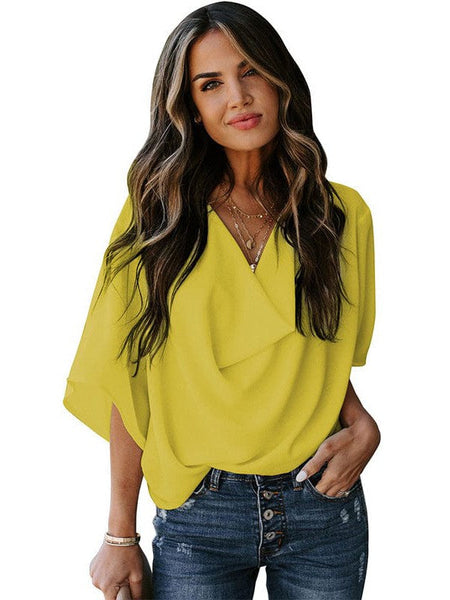 Solid V-Neck Flared Sleeve T-Shirt - Cape - Batwing - Scoop - Jewel - Closed